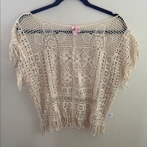 Dolled Up Crochet Off-the-Shoulder Fringe Sweater Top - Cream